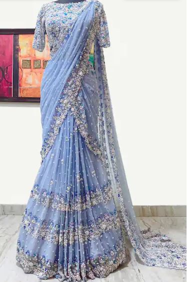 Blue Raw Silk Round Embroidered Lehenga Saree With Blouse For Women