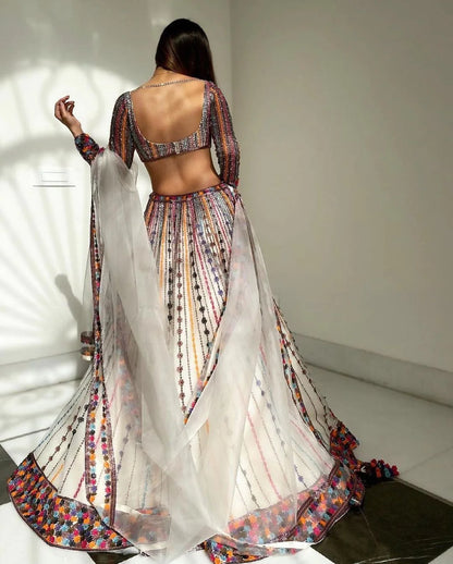 Pleasant White Color Georgette Embroidered Work Lehenga Choli For Wedding Wear