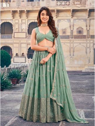 Embroidered Mirror Work Semi-Stitched Lehenga & Unstitched Blouse With Dupatta (Onesize)