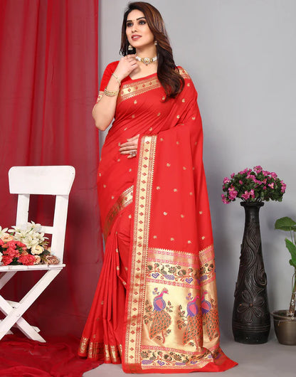 Red color paithani silk saree with zari woven work