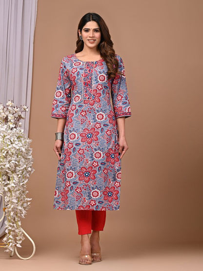 Floral Printed Round Neck Straight Kurta