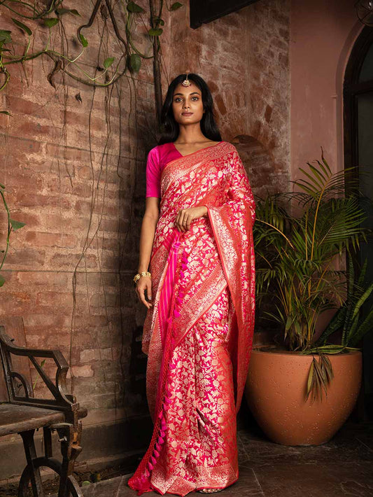 Sacred Weaves Pink Orange Shikargah Katan Silk Handloom Banarasi Saree