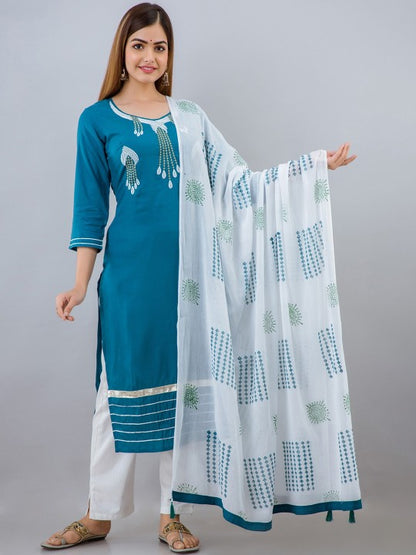 Women Turquoise Blue Ethic Motif Embroidered Kurta With Pant and Dupatta set