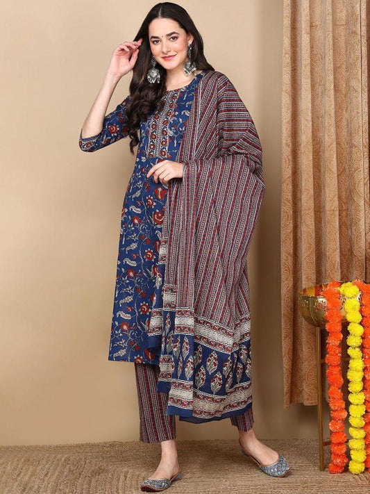 Floral Printed Straight Kurta with Trousers & Dupatta