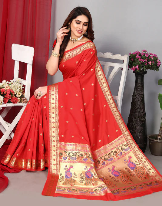 Red color paithani silk saree with zari woven work