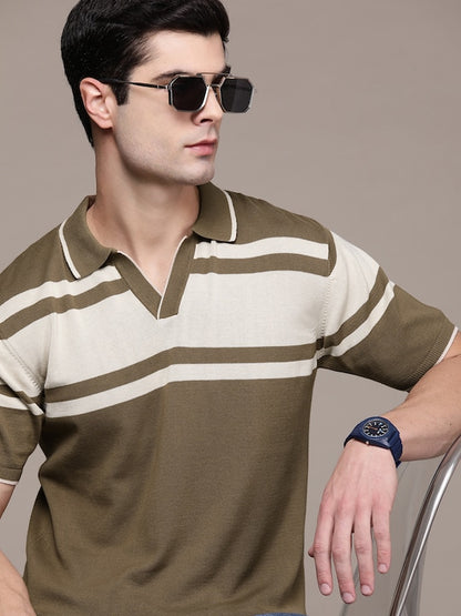 Men Striped Pure Cotton Polo Collar T-shirt