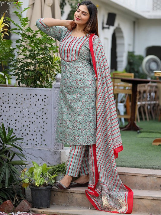 Ethnic Motifs Printed Regular Pure Cotton Kurta With Trousers & Dupatta