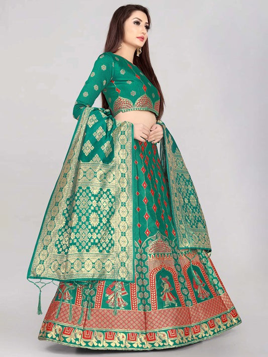 Woven Design Silk Semi-Stitched Lehenga & Unstitched Blouse With Dupatta