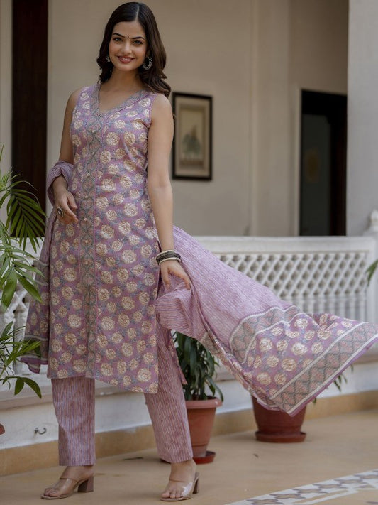 Women Floral Printed Regular Pure Cotton Kurta with Pyjamas & With Dupatta