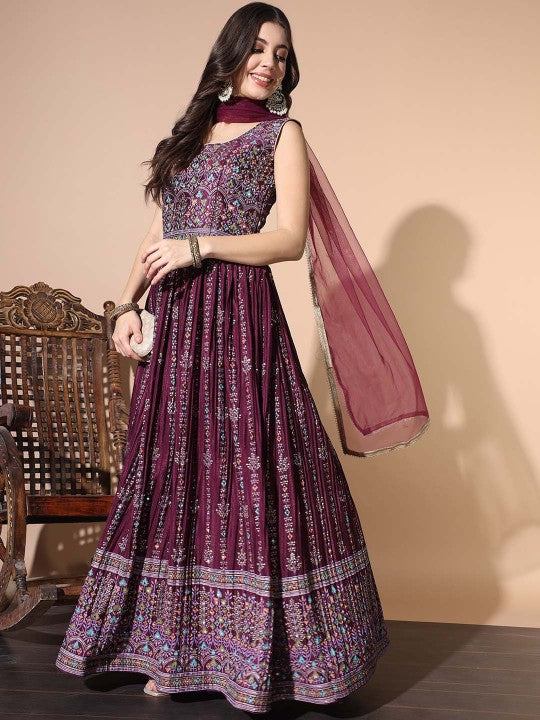 Embellished Mirror Work Gown Ethnic Dress With Dupatta