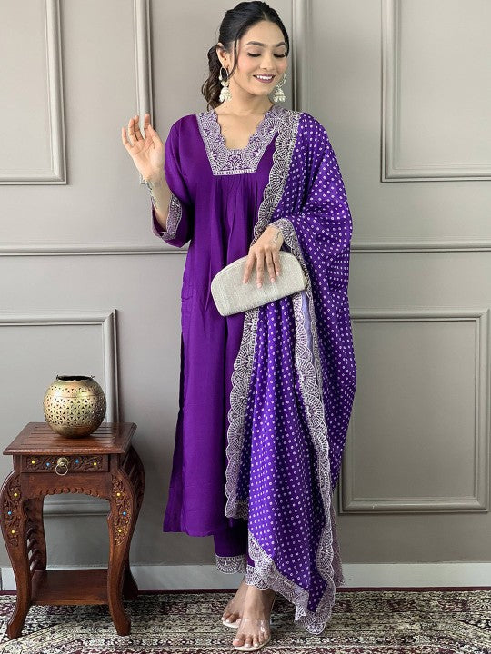 Floral Embroidered V-Neck Straight Kurta with Trousers & Dupatta