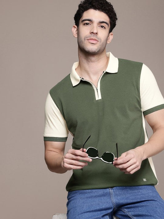 Colourblocked Polo Collar Pure Cotton T-shirt