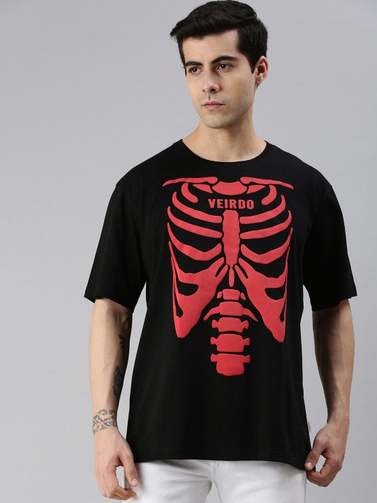 Men Black Graphic Printed V-Neck Raw Edge Oversized T-shirt