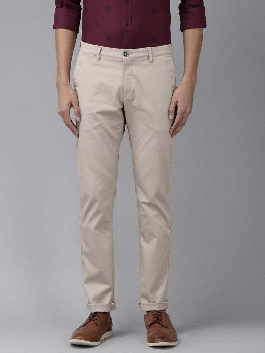 Men Beige Solid Slim Fit Corduroy Trousers