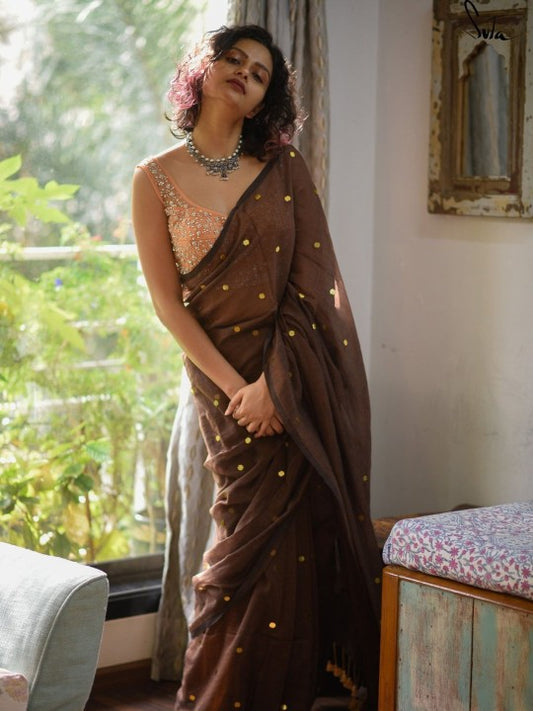 Suta Brown Embellished Sequinned Pure Cotton Saree