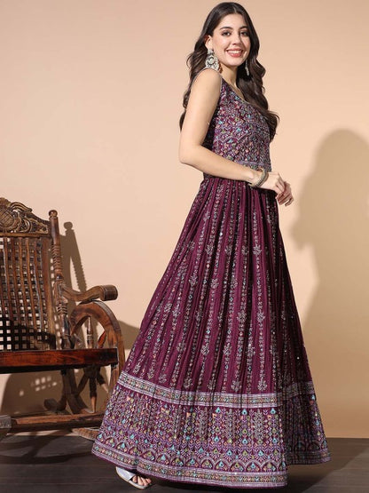 Embellished Mirror Work Gown Ethnic Dress With Dupatta