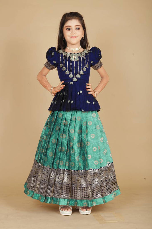 KIDS BLUE NEW SOUTH INDIAN TRADITIONAL PATTU PAVADAI JACQUARD LEHENGA CHOLI FOR GIRLS DRESS