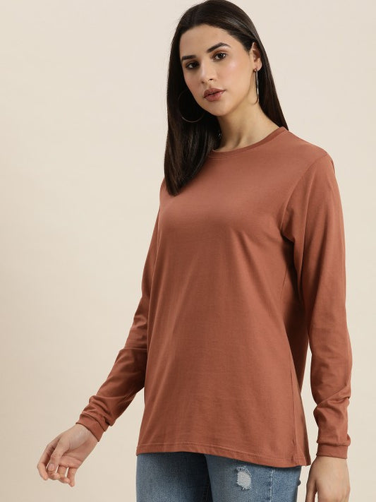 Women Brown Solid Cotton Oversized T-shirt