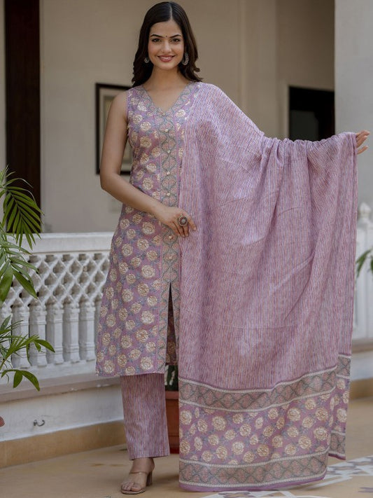 Women Floral Printed Regular Pure Cotton Kurta with Pyjamas & With Dupatta