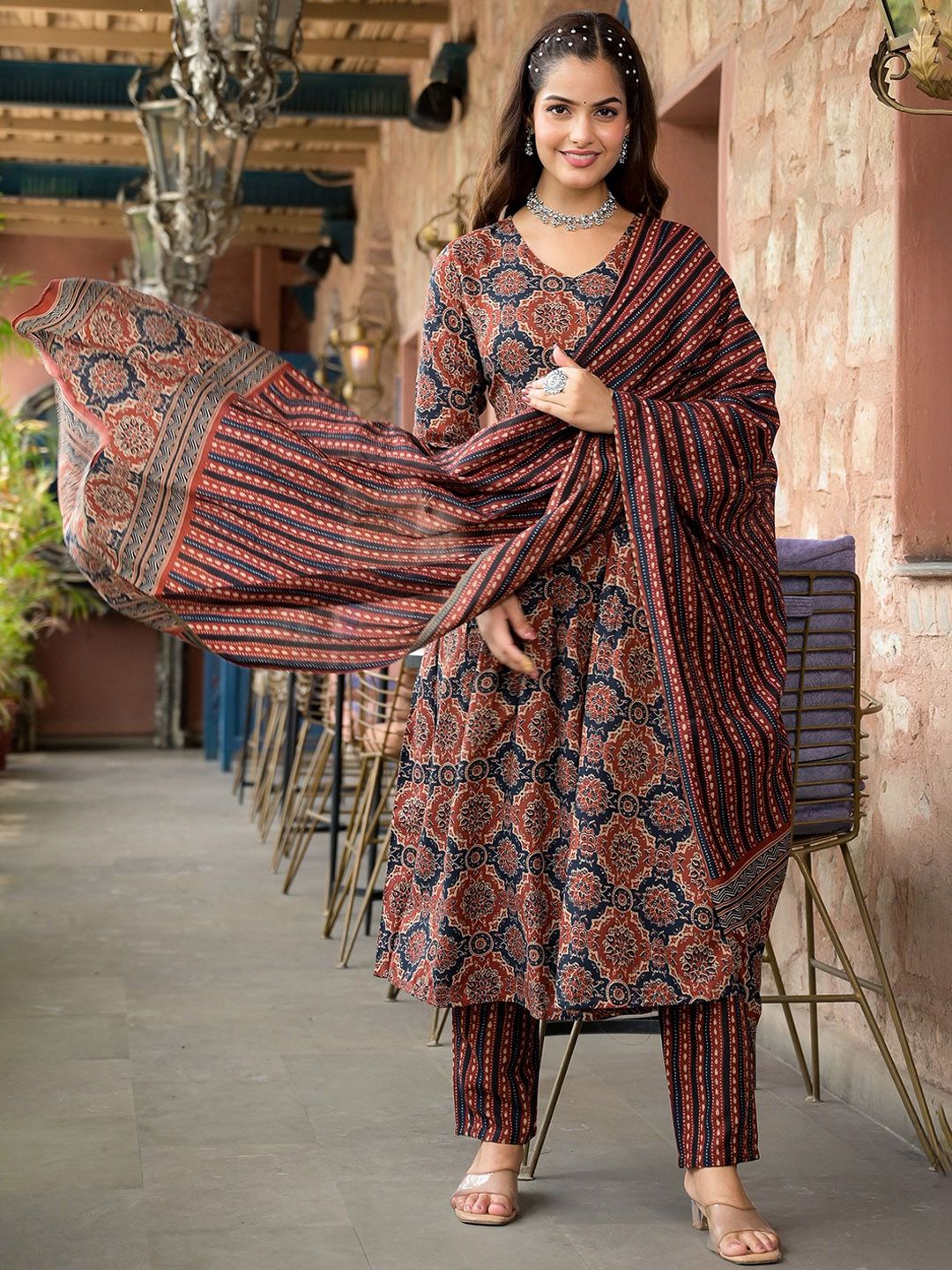 Ethnic Motifs Printed A-Line Kurta with Trousers & Dupatta