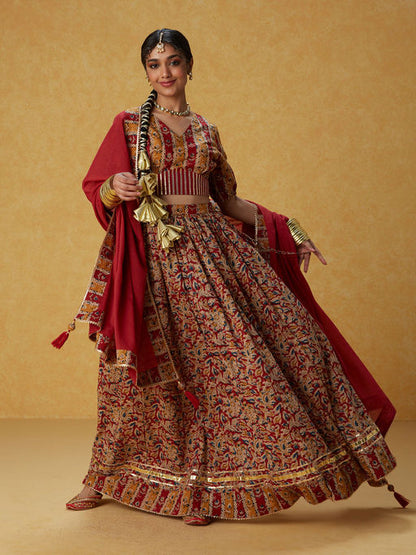 Ghoomar Red Kalamkari Inspired Printed Lehenga and Choli with Dupatta