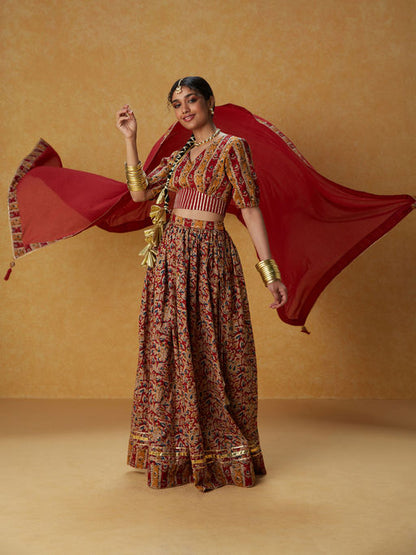 Ghoomar Red Kalamkari Inspired Printed Lehenga and Choli with Dupatta