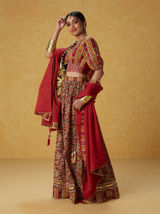 Ghoomar Red Kalamkari Inspired Printed Lehenga and Choli with Dupatta