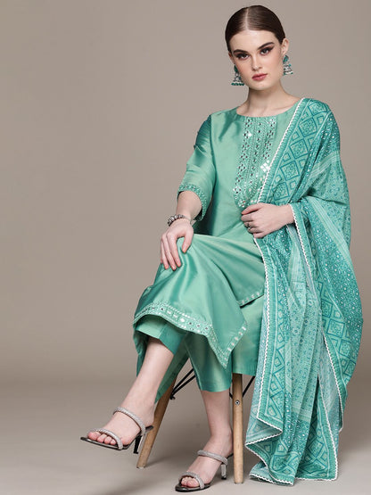 Women Ethnic Motifs Embroidered Sequinned Kurta with Trousers & With Dupatta