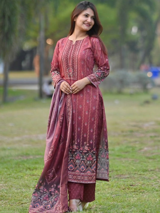 Maroon Printed Poly Crepe Straight Kurta With Trousers & Dupatta