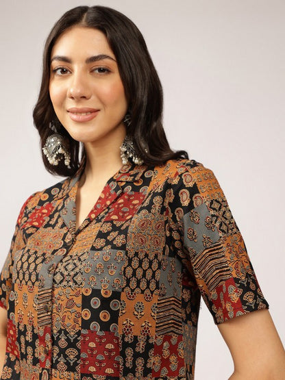 Ethnic Printed Cuban Collar Pure Cotton Shirt Style Top