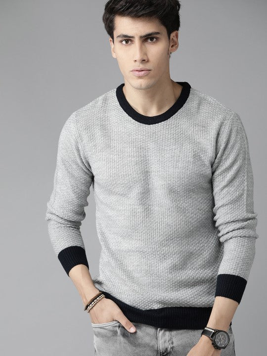 Men Grey Self Designed Striped Pullover Sweater