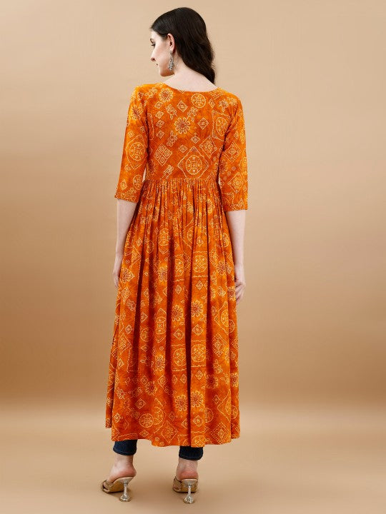 Bandhani Printed V-Neck Pleated A-Line Kurta