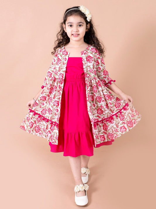 Magenta & White Floral A-Line Cotton Dress with Attached Shrug