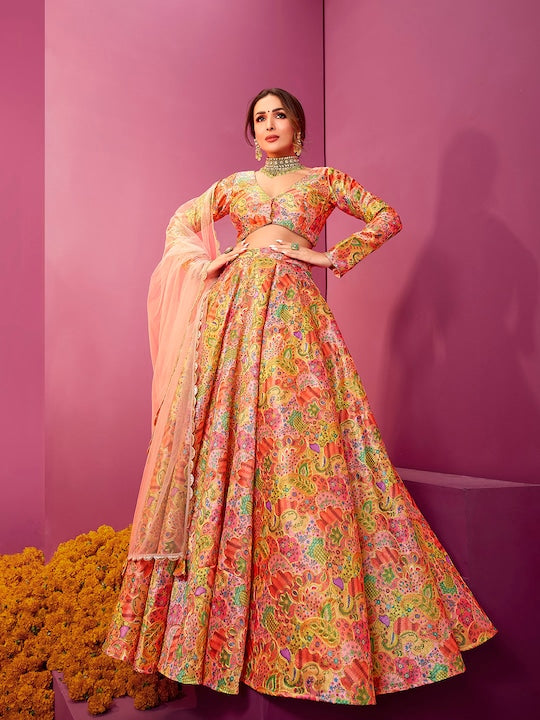 Multicoloured Embroidered Thread Work Semi-Stitched Lehenga & Unstitched Blouse With Dupatta