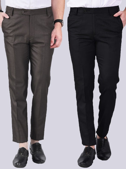 Men Coffee Brown & Black Set Of 2 Formal Trousers