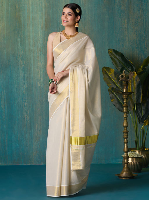 Gold Tyohar Kasavu Cotton Zari Saree with Running Blouse