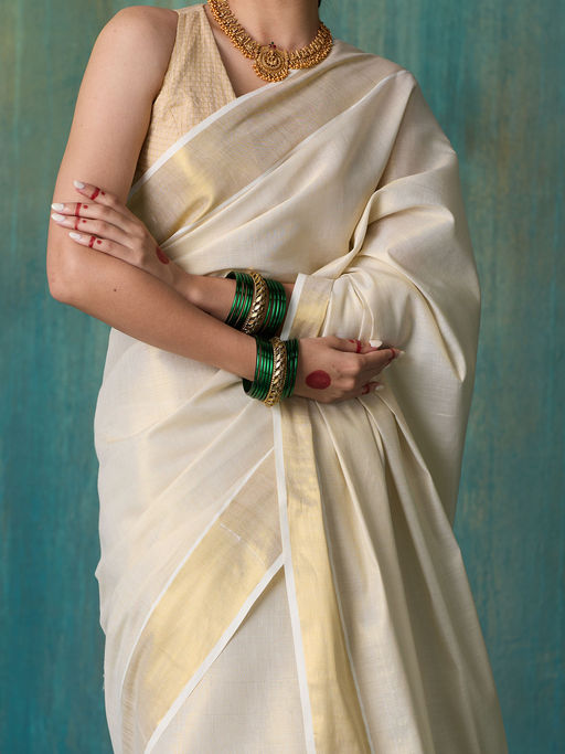 Gold Tyohar Kasavu Cotton Zari Saree with Running Blouse