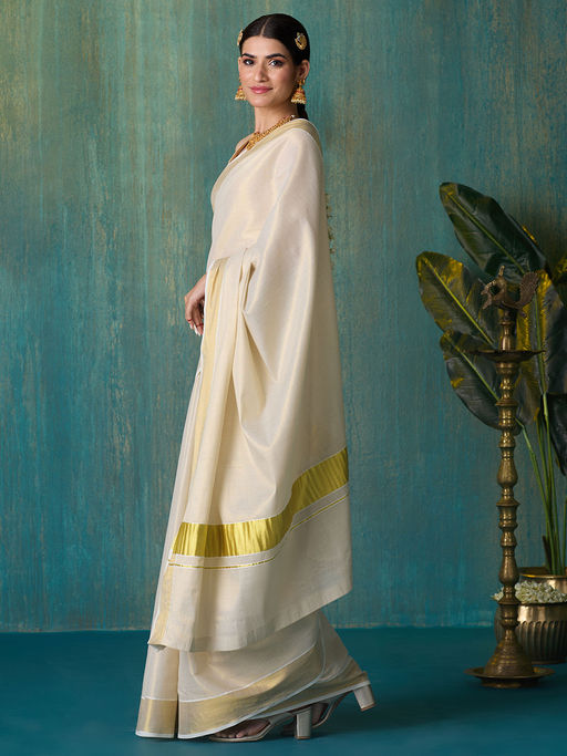 Gold Tyohar Kasavu Cotton Zari Saree with Running Blouse