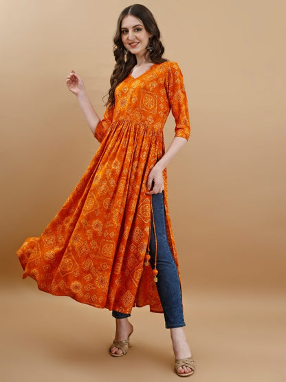 Bandhani Printed V-Neck Pleated A-Line Kurta