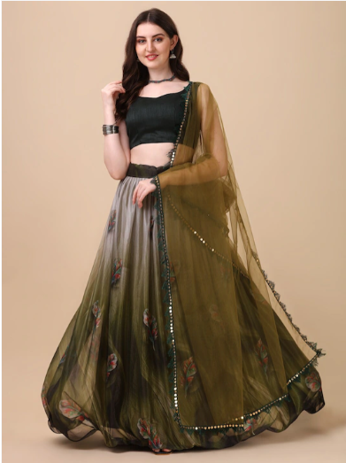 Amrutam Fab Olive Green & Black Semi-Stitched Lehenga & Unstitched Blouse With Dupatta