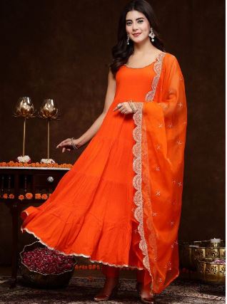 Stylum Orange & White Sleeveless Tiered A Line Kurta & Trousers With Dupatta