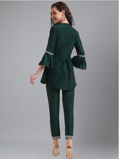 HERE&NOW Green Embroidered Mandarin Collar Tunic With Trousers