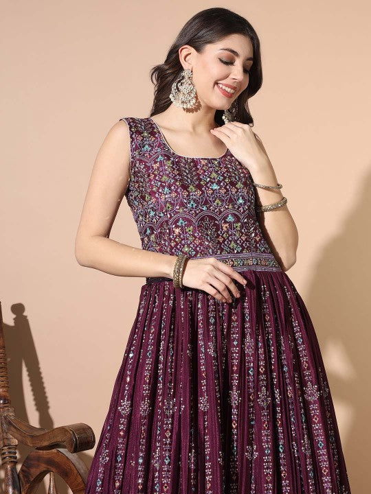 Embellished Mirror Work Gown Ethnic Dress With Dupatta