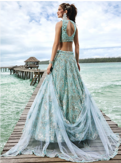 Embroidered Sequinned Semi-Stitched Lehenga & Unstitched Blouse With Dupatta