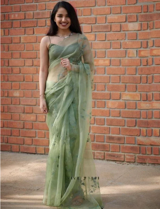 Function Wear Green Color Soft Organza Silk with Flowery Digital Printed Saree