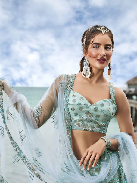 Embroidered Sequinned Semi-Stitched Lehenga & Unstitched Blouse With Dupatta