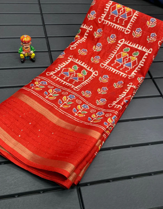 Orange Dola Silk Saree With Printed & Sequence Border