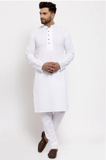 MEN WHITE EMBROIDERED KURTA WITH PYJAMAS