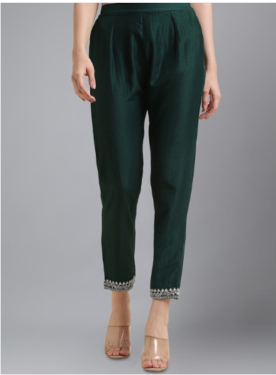 HERE&NOW Green Embroidered Mandarin Collar Tunic With Trousers