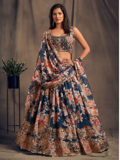 Blue & Peach-Coloured Embroidered Sequinned Shibori Semi-Stitched Lehenga & Unstitched Blouse With